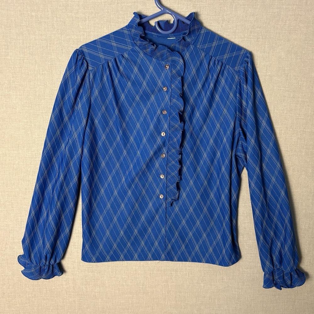 Vintage 70's Blue Victorian Blouse Ruffled Cottagecore Office Sz M Librarian